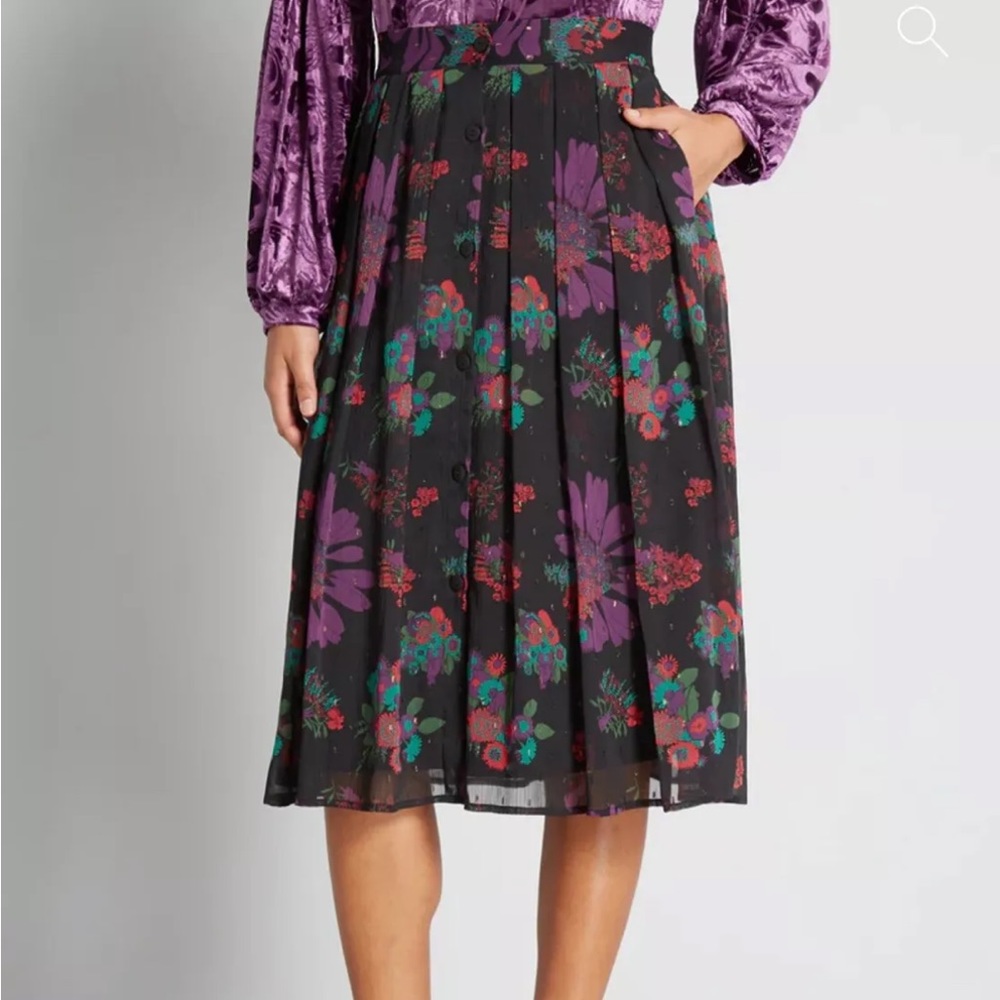 Modcloth 20W Meow Bouquet Pleated Chiffon Midi Skirt Black Floral Button Front